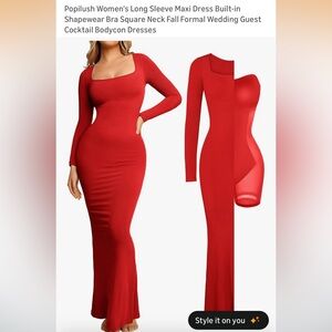 Popilush Elegant Red Long Sleeve Maxi Dress